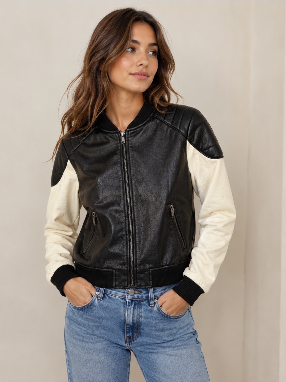 Yoki Black and Cream Varsity Faux Leather Bomber Jacket